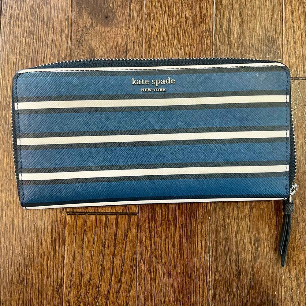 kate spade navy and cream striped zip-around wallet